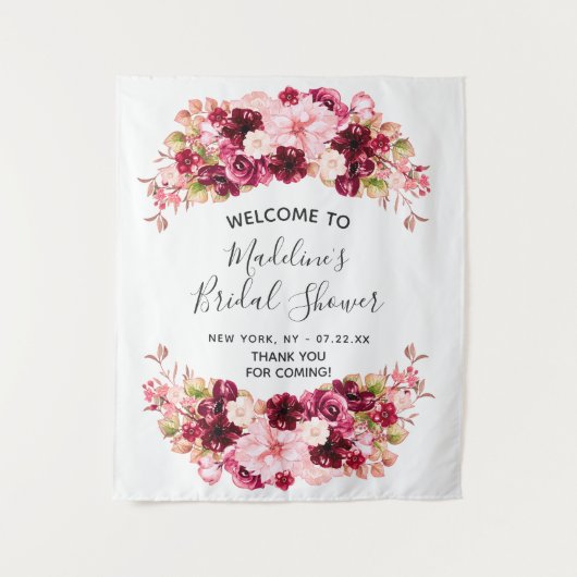 Bordeaux & Blush Roze Bloemige Bruiloftsontvangst Wandkleed (Voorkant)