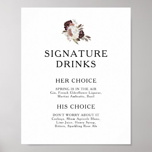 Bordeaux Boho Bloemige Signature Dranken Bord Poster (Voorkant)