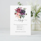 Bordeaux - Bordo Floral Wedding RSVP Kaartje (Staand voorkant)