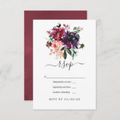 Bordeaux - Bordo Floral Wedding RSVP Kaartje (Voorkant / Achterkant)