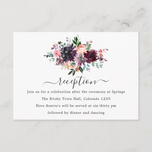 Bordeaux - Bourgondië Floral bruiloft receptie Informatiekaartje (Voorkant)