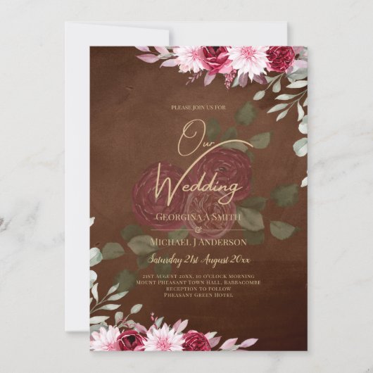 Bordeaux bruin bloem winter herfst trouw uitnodigi kaart (Voorkant)