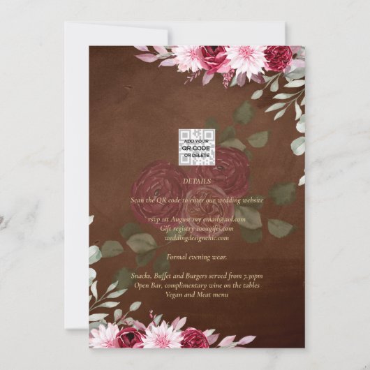 Bordeaux bruin bloem winter herfst trouw uitnodigi kaart (Achterkant)