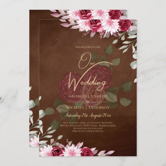 Bordeaux bruin bloem winter herfst trouw uitnodigi kaart (Voorkant / Achterkant)