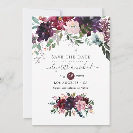 Bordeaux - Burgundy Floral Wedding Save The Date (Voorkant)