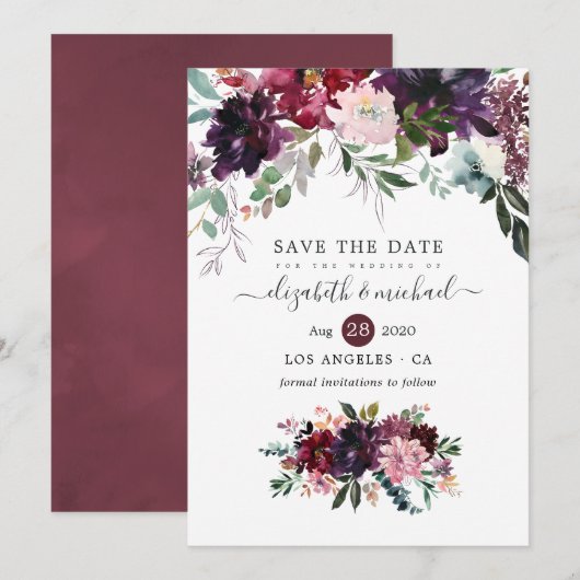 Bordeaux - Burgundy Floral Wedding Save The Date (Voorkant / Achterkant)