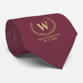 Bordeaux Champagne Goud Laurier Monogram Bruiloft Stropdas