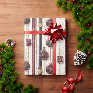 Bordeaux Crème Ornamenten Strepen Kerstmis Cadeaupapier