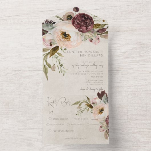 Bordeaux Crème & Roze  Pioenen Diner All In One Uitnodiging (Binnen)