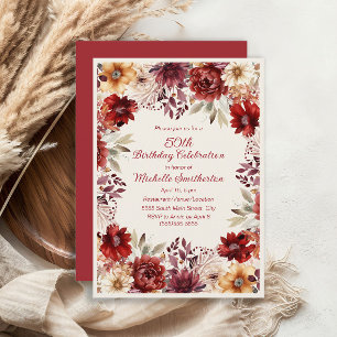 Bordeaux Crème Watercolor Bloemen 50e Verjaardag Kaart