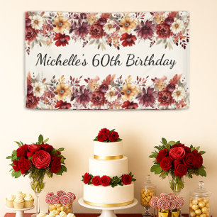 Bordeaux Crème Waterverf Bloemen 60e Verjaardag Spandoek