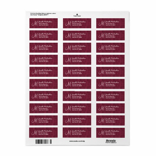 Bordeaux Damask Monogram M of elke Initiaal M009 Etiket (Full Sheet)