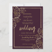 Bordeaux diep rijk rood goud bloemen bruiloft kaart (Voorkant)