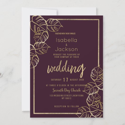 Bordeaux diep rijk rood goud bloemen bruiloft kaart (Voorkant)