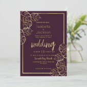 Bordeaux diep rijk rood goud bloemen bruiloft kaart (Staand voorkant)