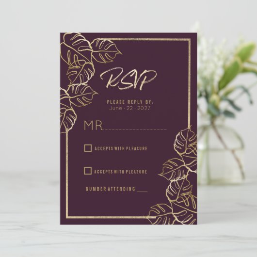 Bordeaux diep rijk rood goud bloemen bruiloft RSVP Kaart (Staand voorkant)