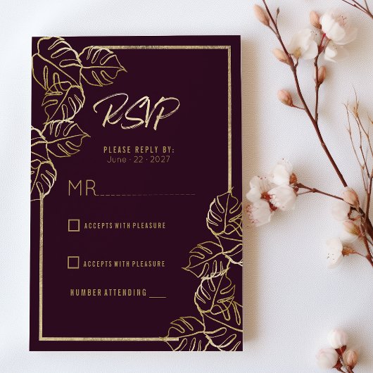 Bordeaux diep rijk rood goud bloemen bruiloft RSVP Kaart