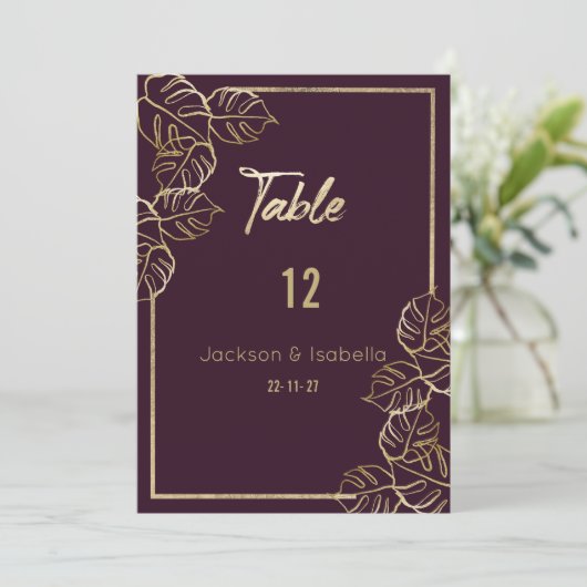 Bordeaux Diep Rood Goud Bloemen Tabel Nummers Kaart (Staand voorkant)