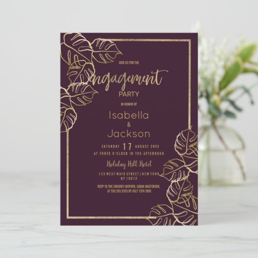 Bordeaux Diep Rood Goud Bloemen Verloving Kaart (Staand voorkant)