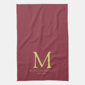 Bordeaux Effen Kleur Goud Familienaam Monogram Theedoek (Verticaal)