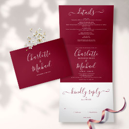 Bordeaux Elegant Script Monogram Huwelijk Drieluik Uitnodiging