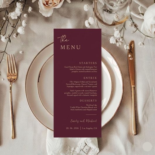 Bordeaux Elegante Minimale Trouwmenu Kaart