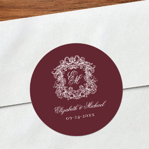 Bordeaux Elegante Vintage Monogram Wapen Huwelijk Ronde Sticker