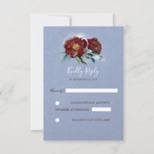 Bordeaux en Blauwe Aquarel Bloemen Trouw RSVP Kaartje