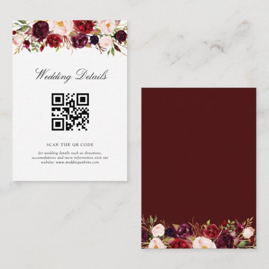 bordeaux en blos OR Code bruiloft details kaart (Voorkant / Achterkant)