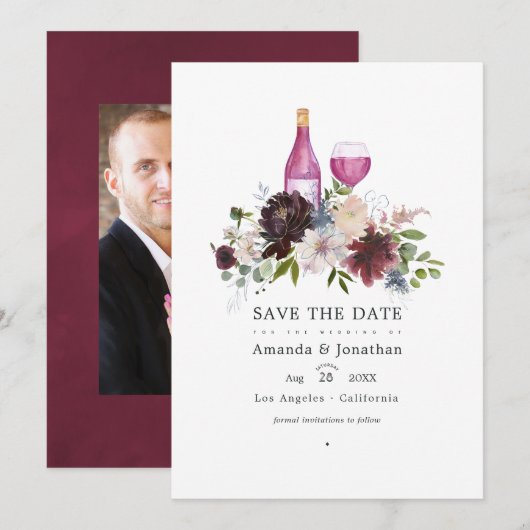 Bordeaux en Blush Roze Wijnproeverij Bruiloft Save The Date (Voorkant / Achterkant)