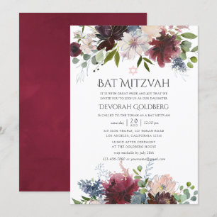 Bordeaux en Blush Waterverf Bloem Bat Mitzvah Kaart