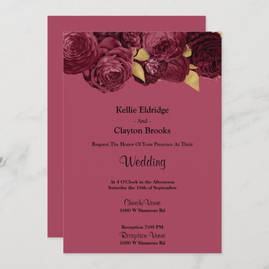 Bordeaux en gouden bloemen bruiloft uitnodiging (Voorkant / Achterkant)
