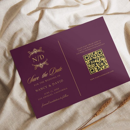 Bordeaux En Gouden Monogram QR-code Trouwen Save The Date