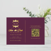 Bordeaux En Gouden Monogram QR-code Trouwen Save The Date (Staand voorkant)