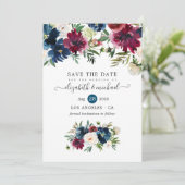 Bordeaux en marine waterverf bloemen save the date (Staand voorkant)