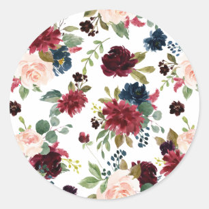 Bordeaux en marine waterverf bloemmotief ronde sticker
