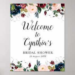 Bordeaux- en marineblauwe bloem bruiloft welcome b poster