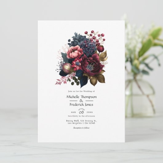 Bordeaux en marineblauwe bloemige trouwdag kaart (Staand voorkant)