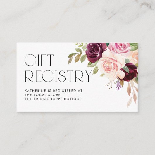 Bordeaux en Perzik Bloemen Baby shower Registry Informatiekaartje (Voorkant)