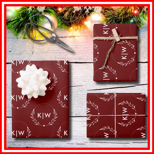 Bordeaux en Wit | Modern Initialen Monogram Inpakpapier Vel