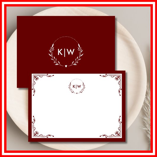 Bordeaux en Wit | Modern Initialen Monogram Notitiekaartje