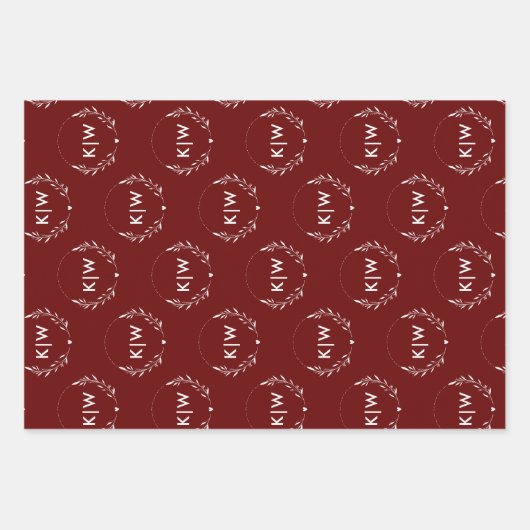 Bordeaux en wit | Monogram moderne Initialen Inpakpapier Vel (Voorkant 3)