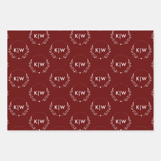 Bordeaux en wit | Monogram moderne Initialen Inpakpapier Vel (Voorkant)