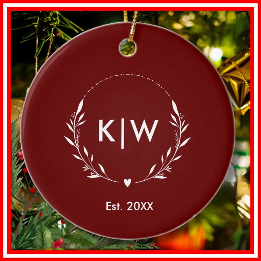 Bordeaux en wit | Monogram moderne Initialen Keramisch Ornament