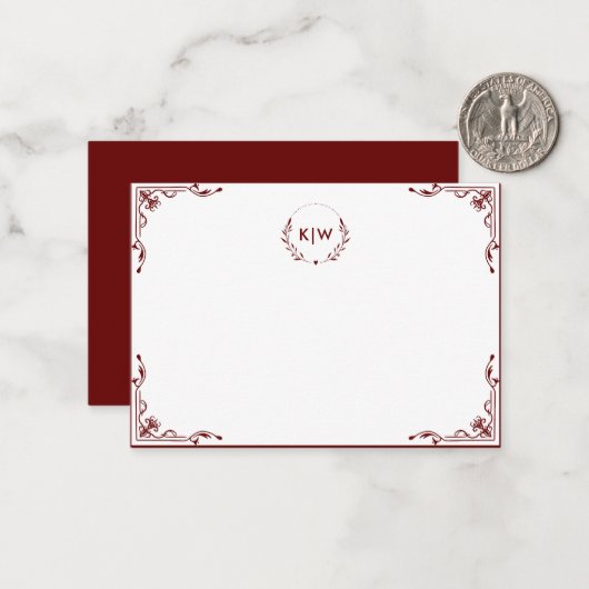 Bordeaux en wit | Monogram moderne Initialen Notitiekaartje (Voorkant / Achterkant in situ)