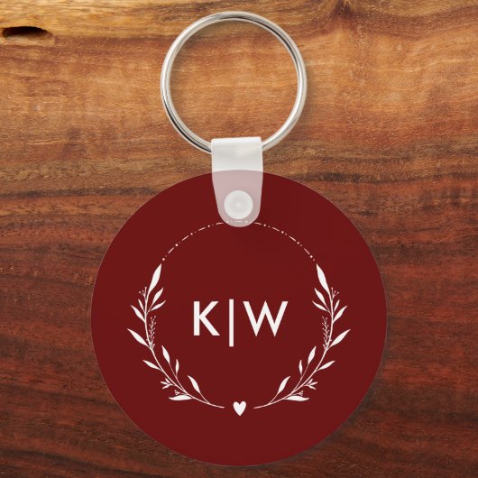 Bordeaux en wit | Monogram moderne Initialen Sleutelhanger (Voorkant)