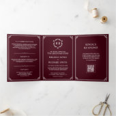 Bordeaux en witte monogram QR-code trouwkaart Drieluik Uitnodiging (Binnen)