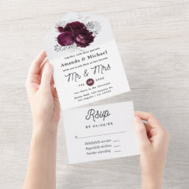 Bordeaux en zilveren bloemen bruiloft all in one uitnodiging