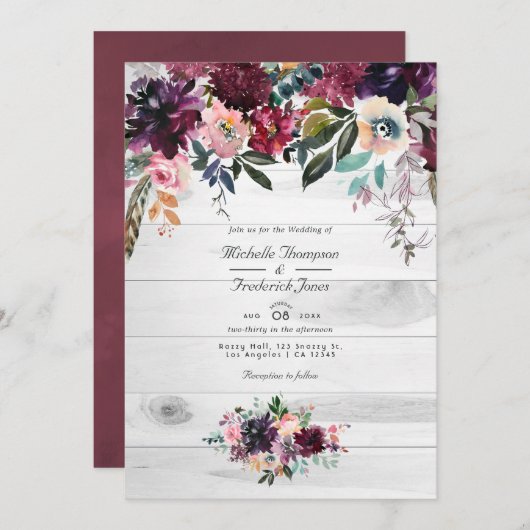 Bordeaux Floral Garden QR Code RSVP Wedding Invita Kaart (Voorkant / Achterkant)