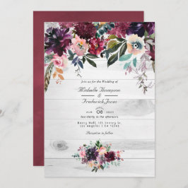 Bordeaux Floral Garden QR Code RSVP Wedding Invita Kaart